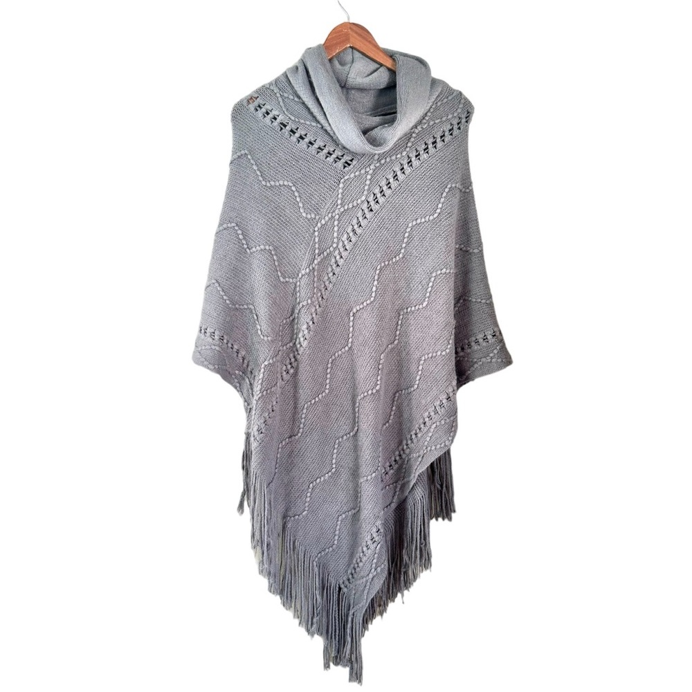 Demdaco Cowl Neck Acrylic Knit Textured Fringe Poncho Sweater Gray Brown OSFA